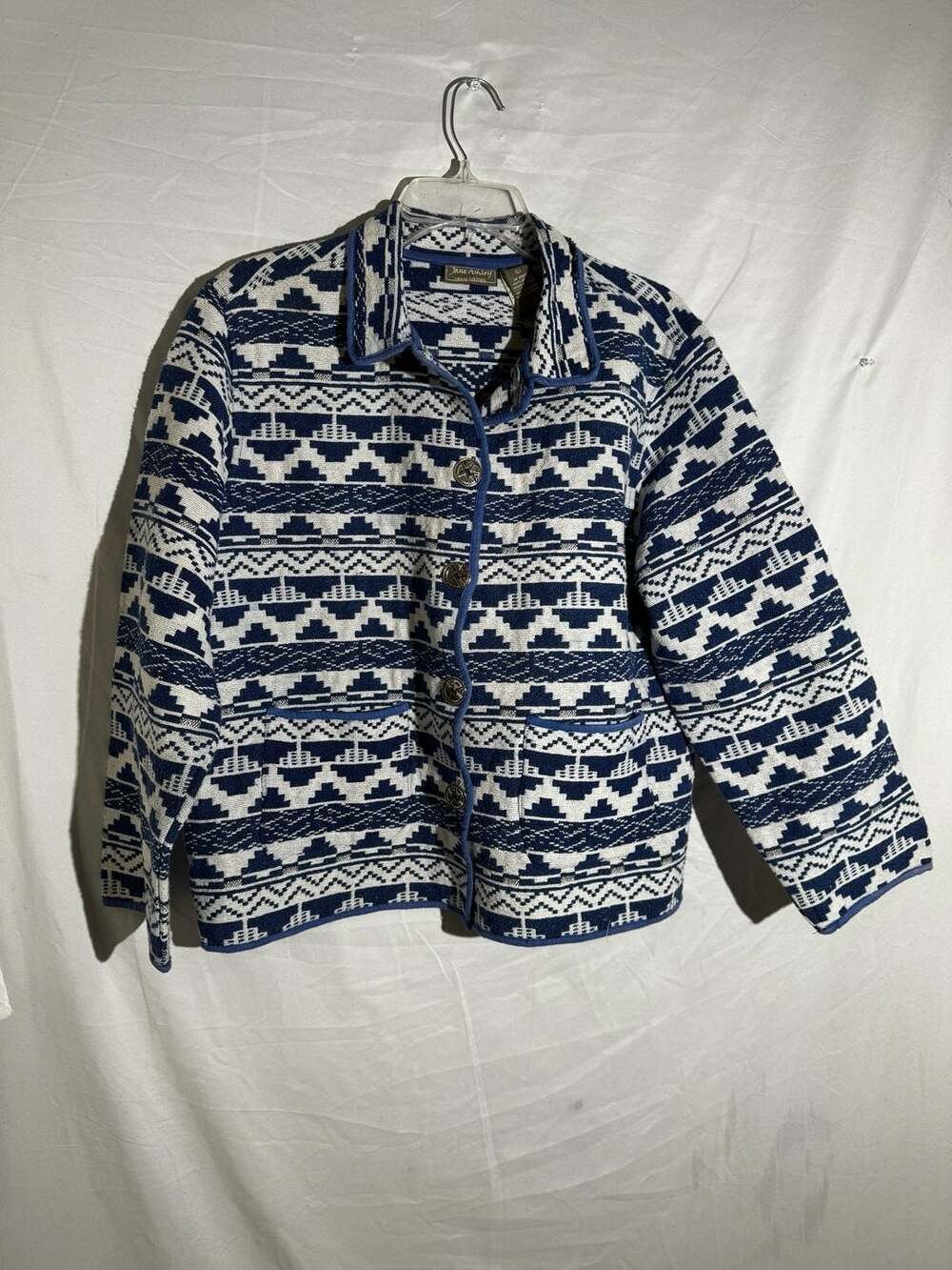 Jane Ashley Womens Jacket Tapestry Aztec Cotton Button Blue White Large